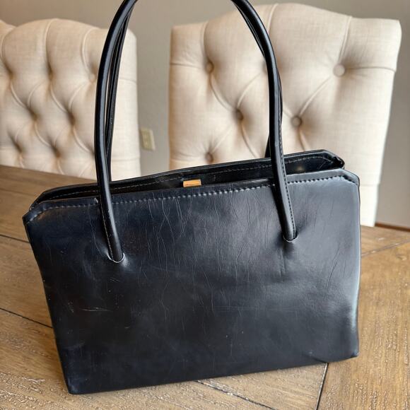 VTG 60's Black Accordion Pocket Snap Over Kisslock Handbag Double Straps Retro - Picture 1 of 16